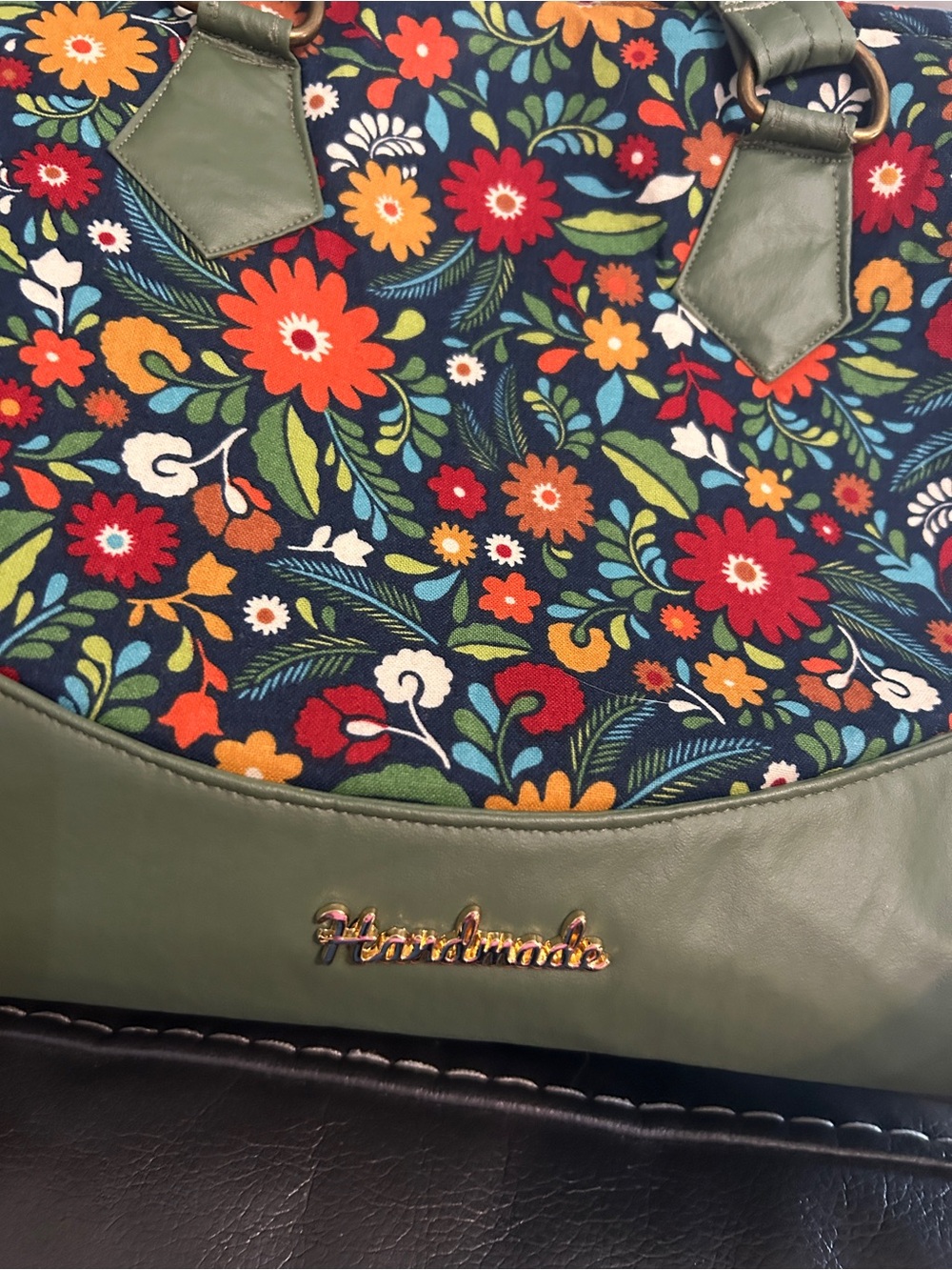 Handmade Floral Shoulder Bag – Olive Green & Navy Multicolor Boho Purse - Picture 12 of 14